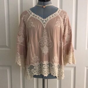 Democracy Blush Pink Ivory Crochet Lace Boho Blouse Size S